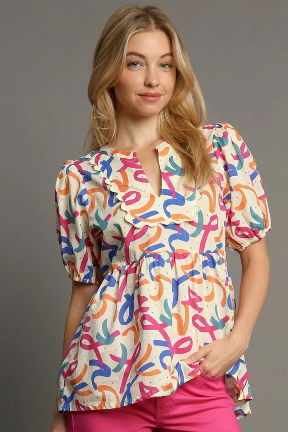 Full Size Mixed Print Puff Sleeve Babydoll Blouse Plus Size