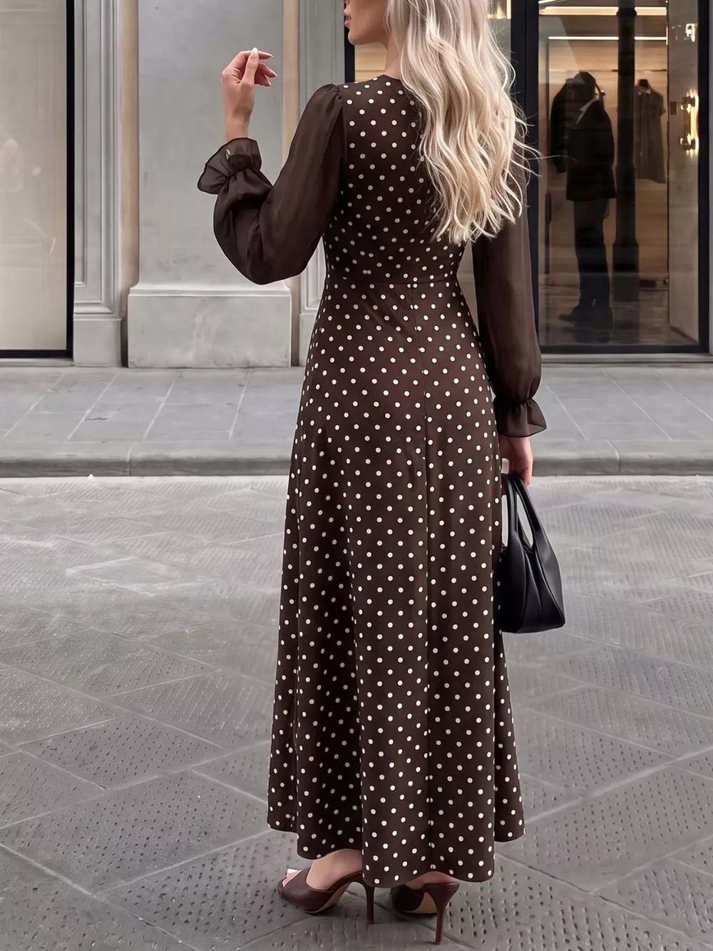 Polka Dot Square Neck Long Sleeve Maxi Dress, image 6