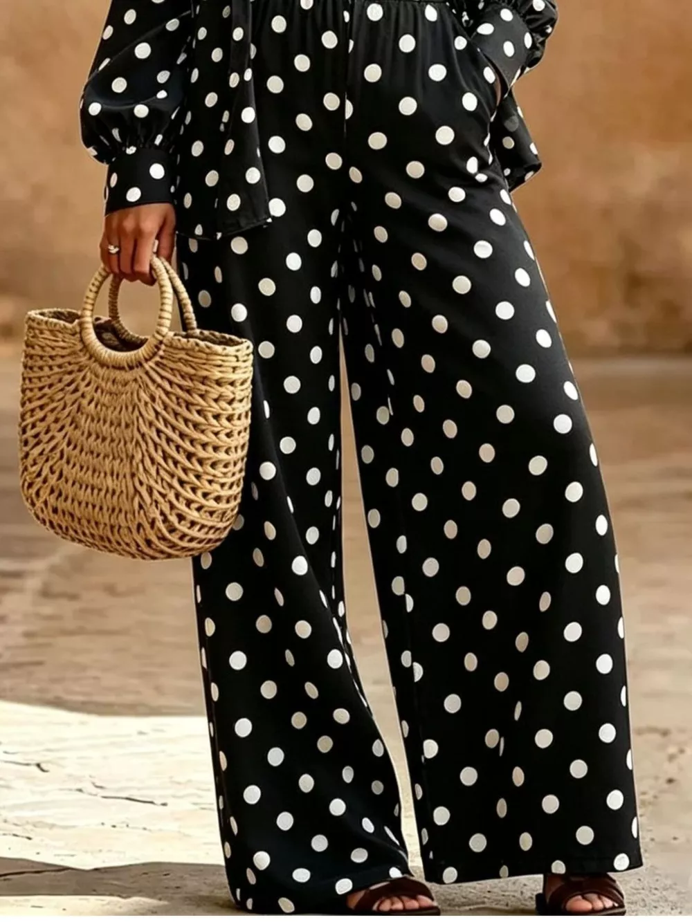 Full Size Polka Dot Shirt and Wide-Leg Pants Set Plus Size, image 4