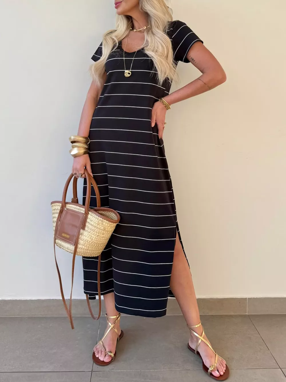 Slit Casual Striped Midi T-Shirt Dress, image 4