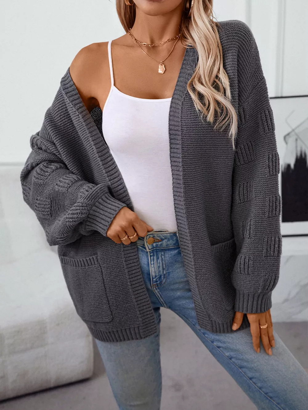 Textured Knit Open Front Cardigan, image 3
