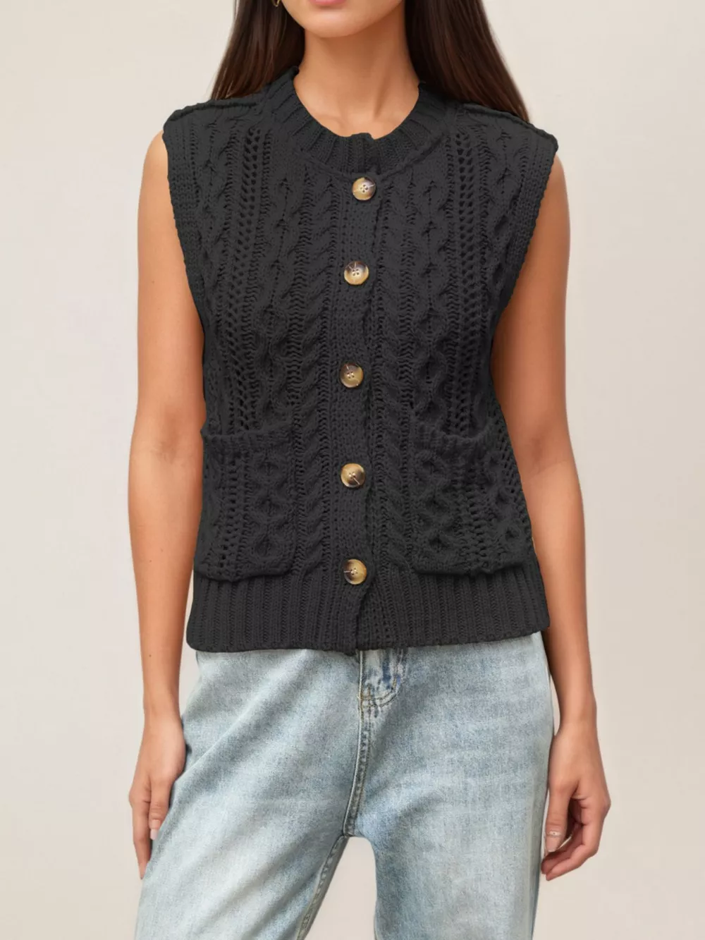 Cable-Knit Button-Down Sweater Vest, image 5