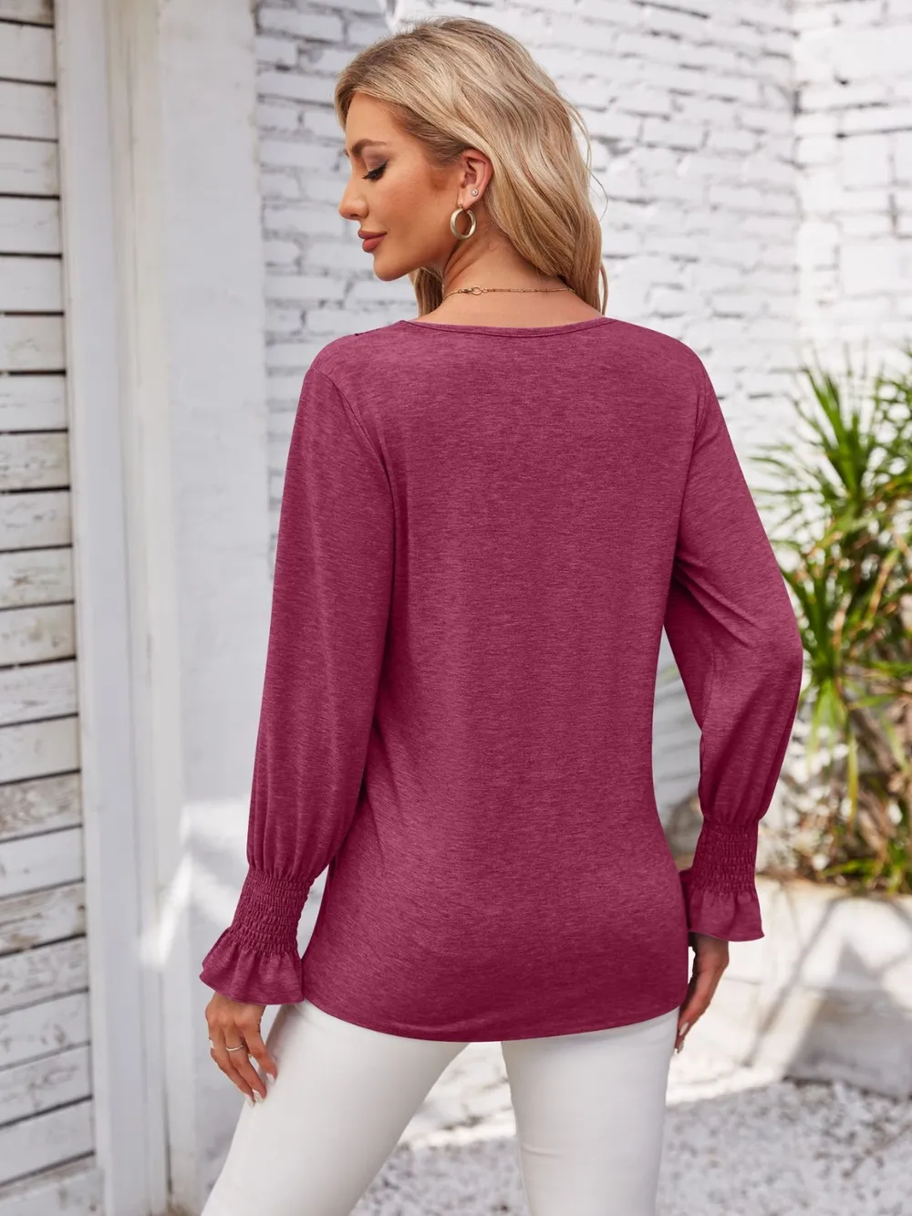Smocked V-Neck Long Sleeve Blouse, image 24