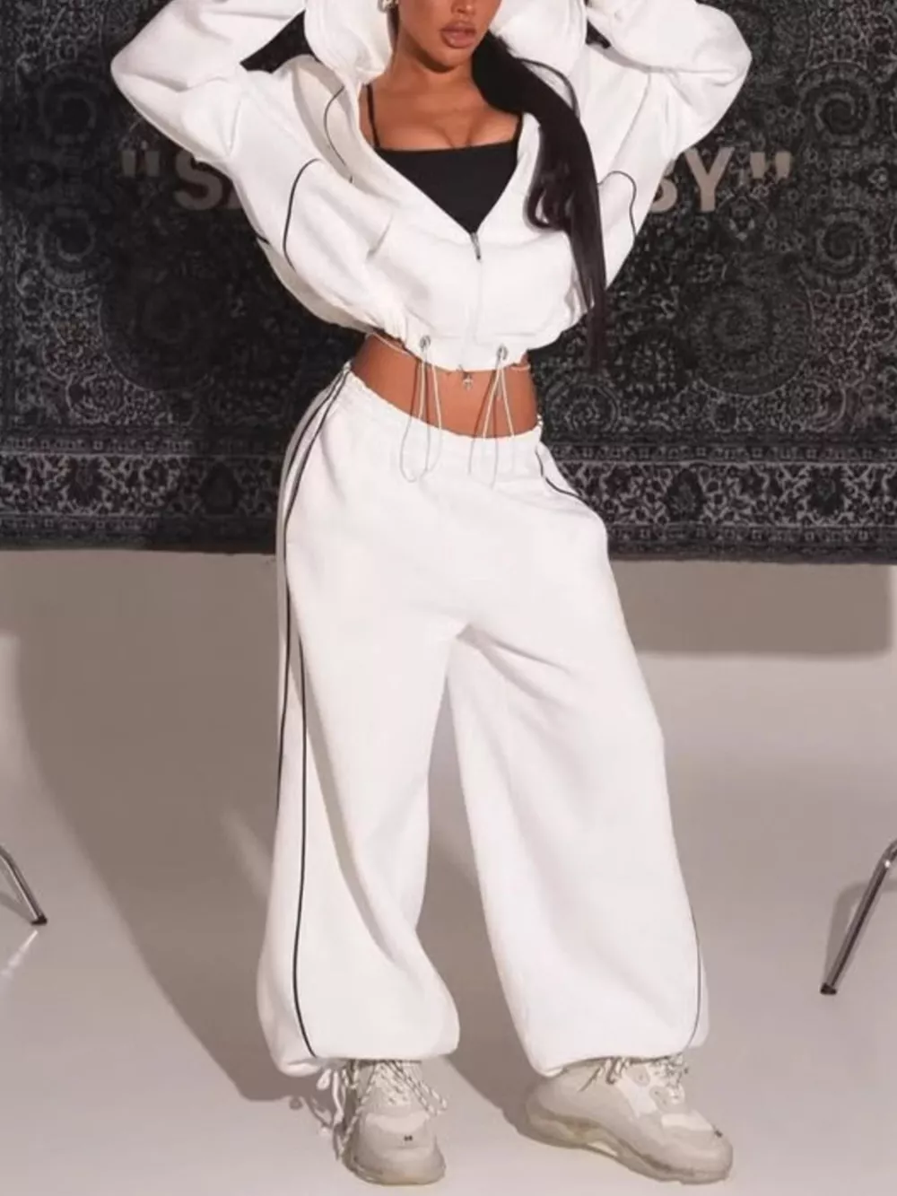 Cropped Zip-Up Hoodie and Wide-Leg Sweatpants Lounge Set, image 2