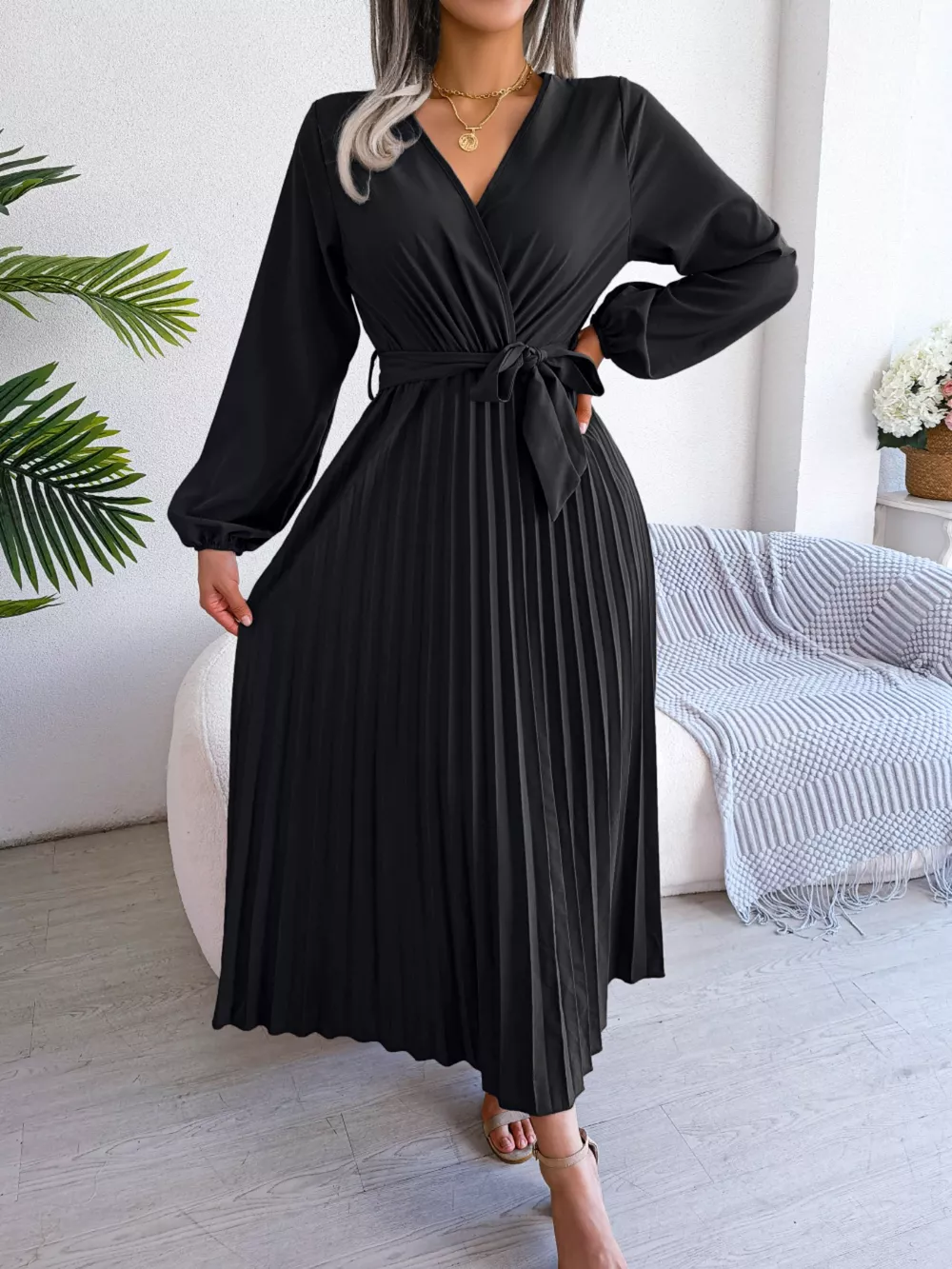 Elegant Pleated Front Tie Long Sleeve Dress, image 3