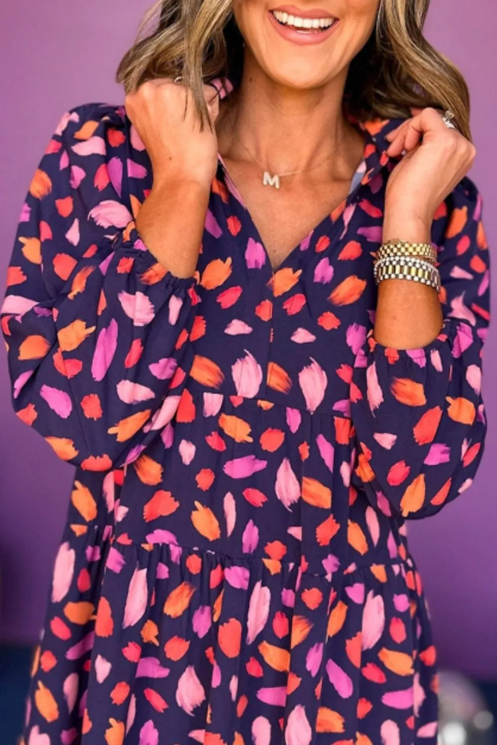 Printed Notched Long Sleeve Dress, image 3
