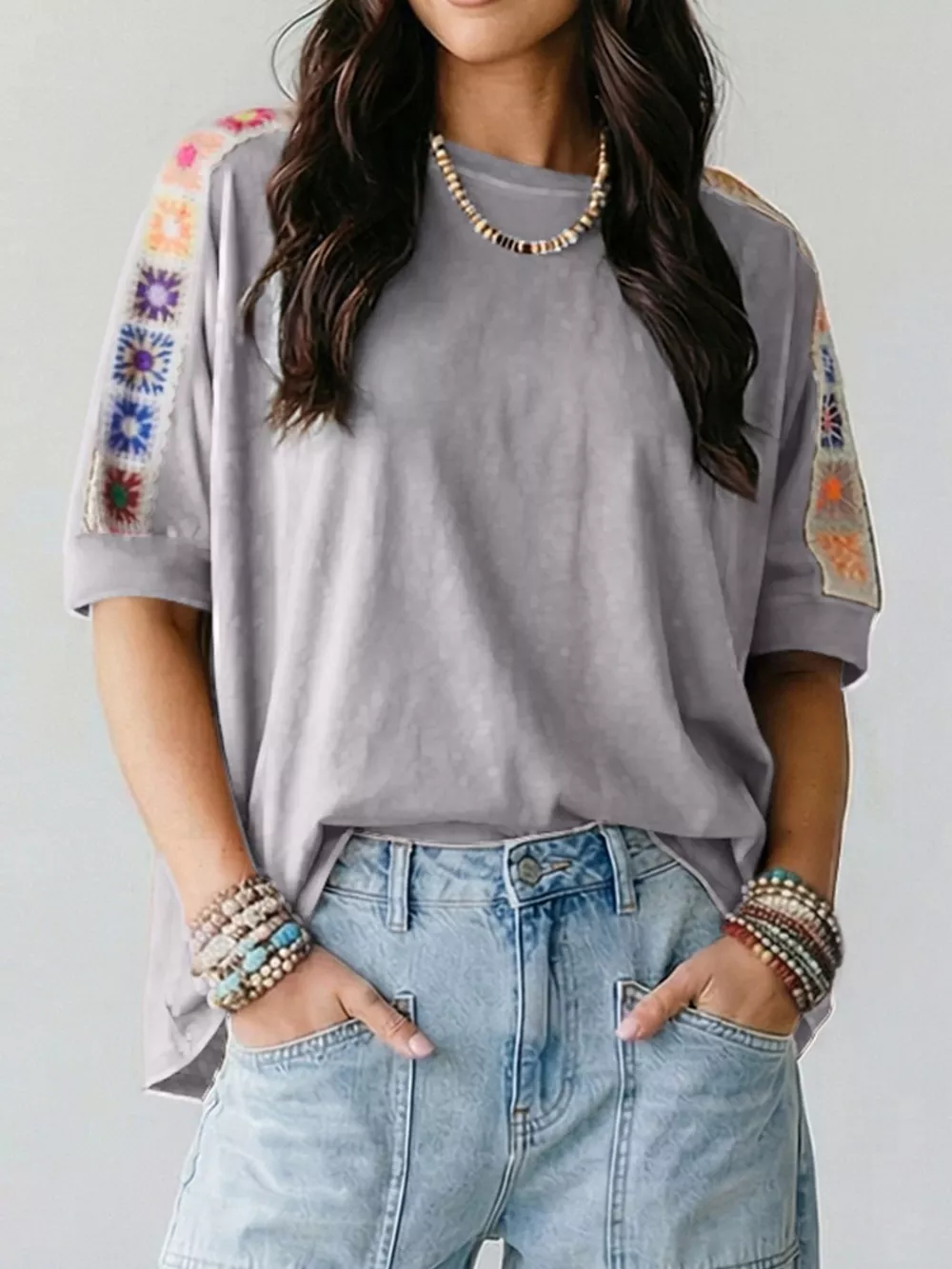 Square Crochet Detail Loose T Shirt, image 4