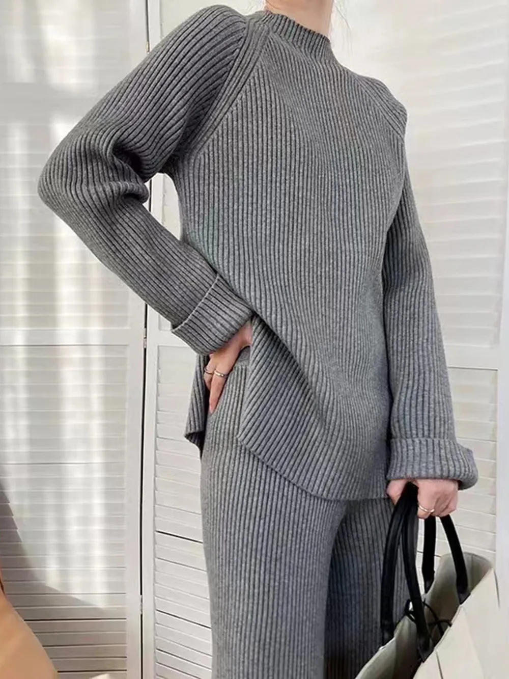 Mock Neck Raglan Sleeve Top and Pants Sweater Set, image 7