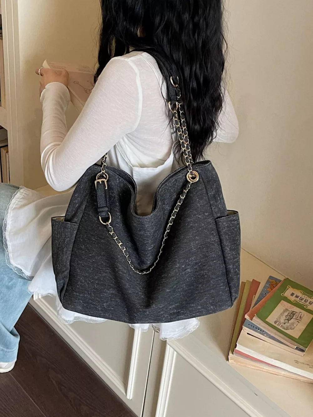Denim Shoulder Bag with Chain Strap, image 4