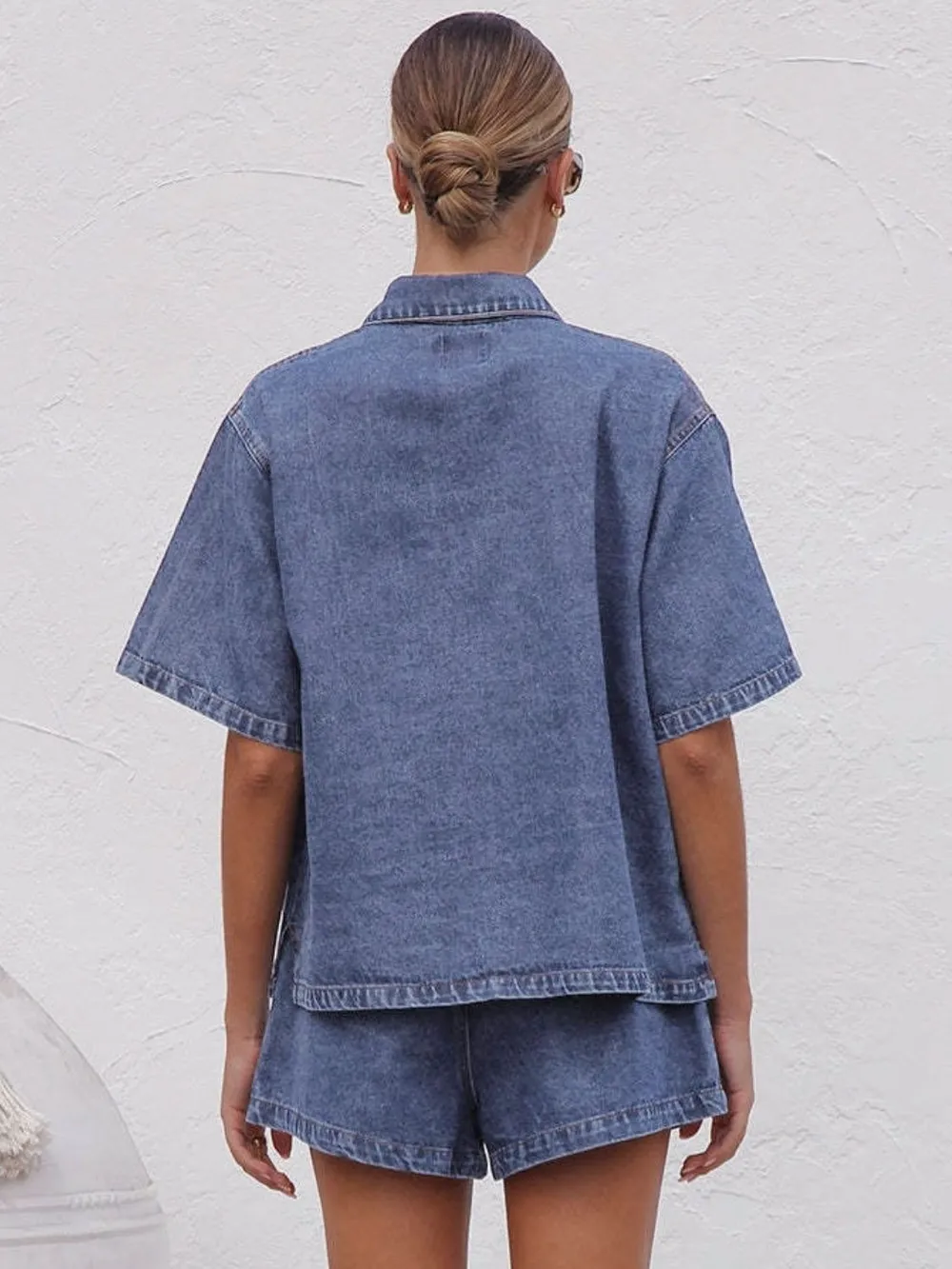 Collared Neck Button Up Top and Shorts Denim Set, image 5