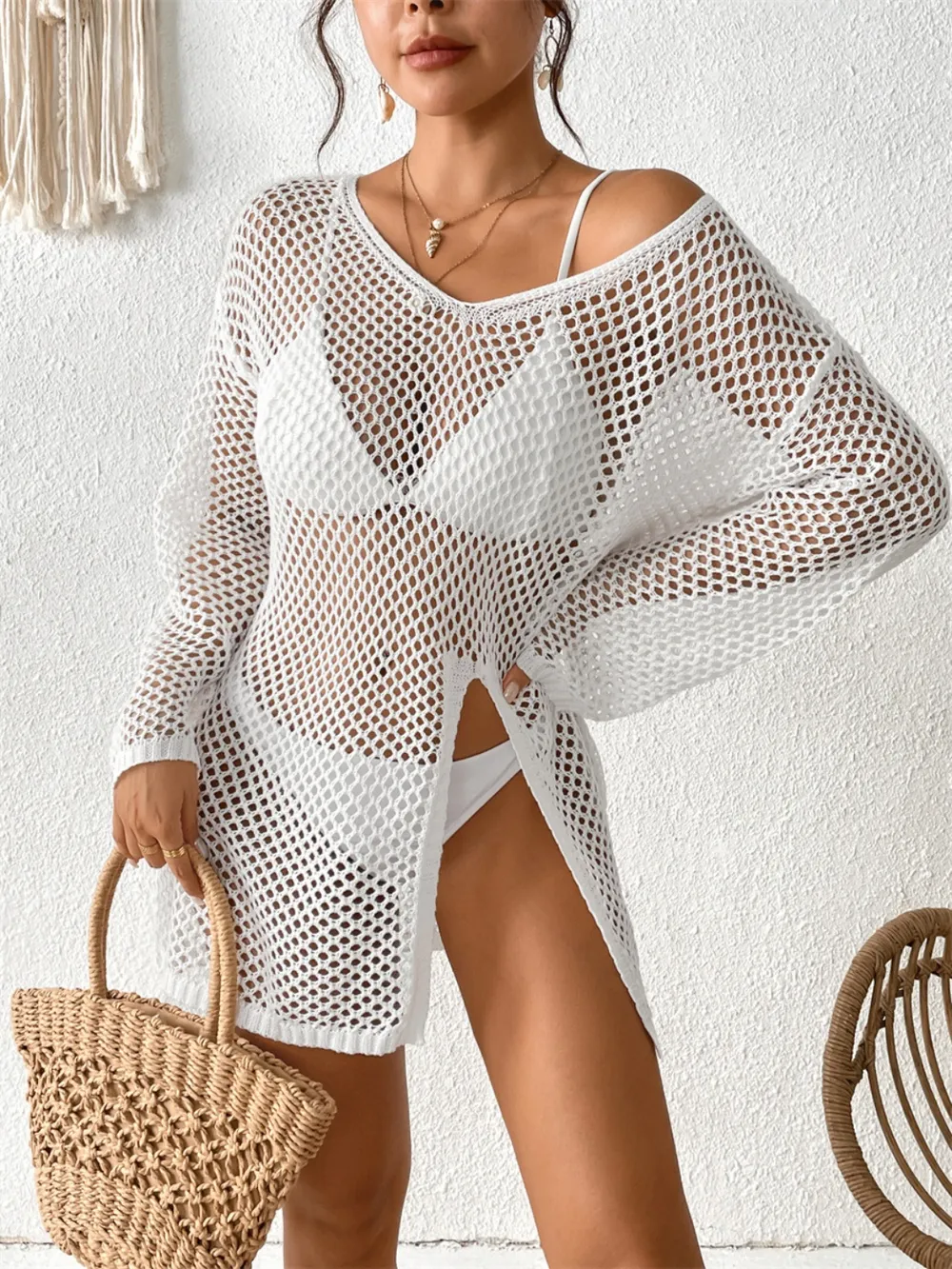 Openwork V-Neck Slit Cover-Up, image 4