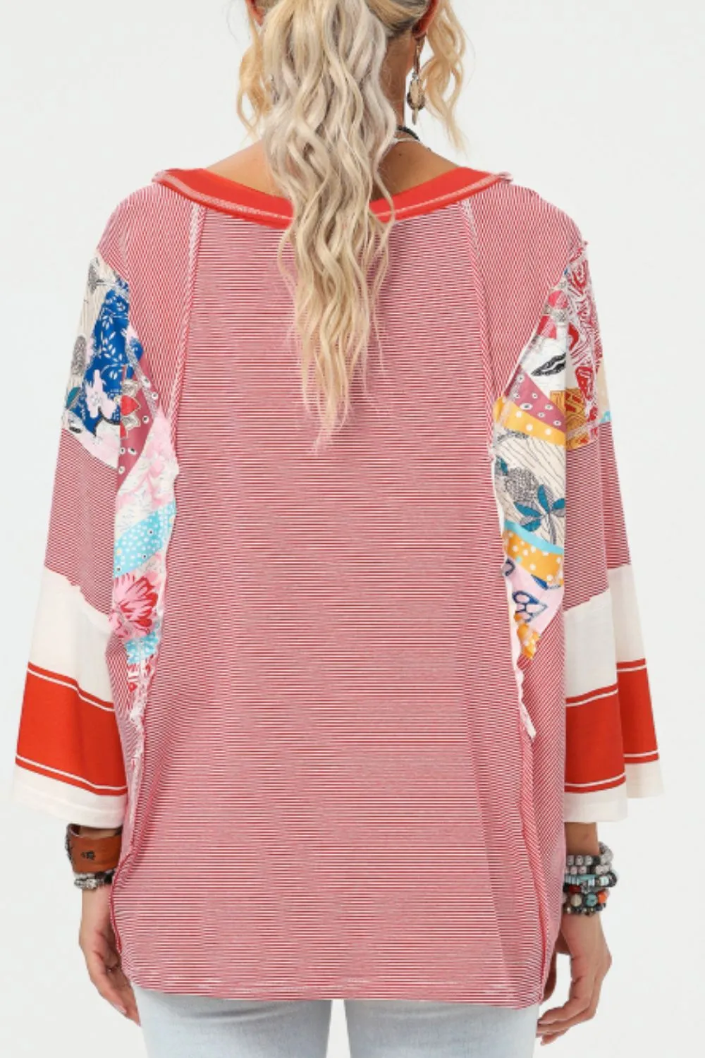 Striped Floral Patchwork Round Neck Top, image 9