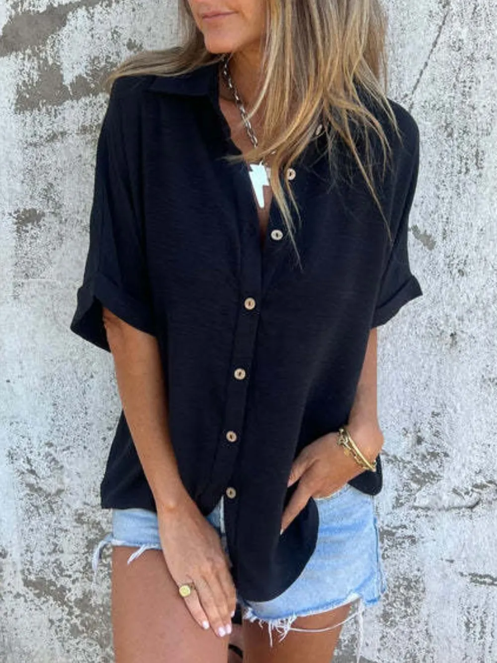 Full Size Collared Neck Half Sleeve Shirt Plus Size, image 9