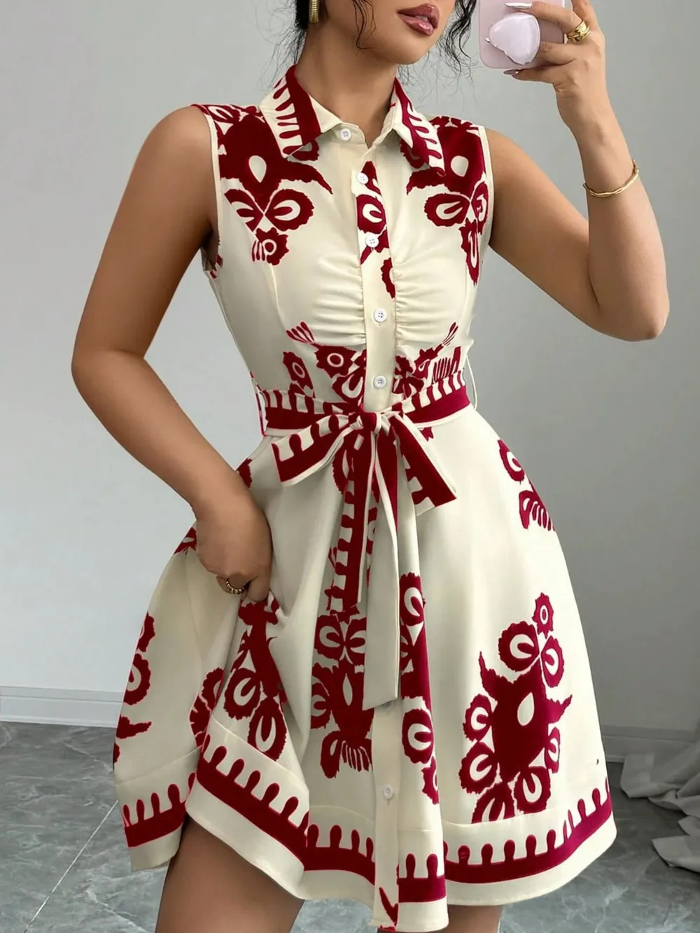 Printed Sleeveless Tie Waist Mini Dress, image 11