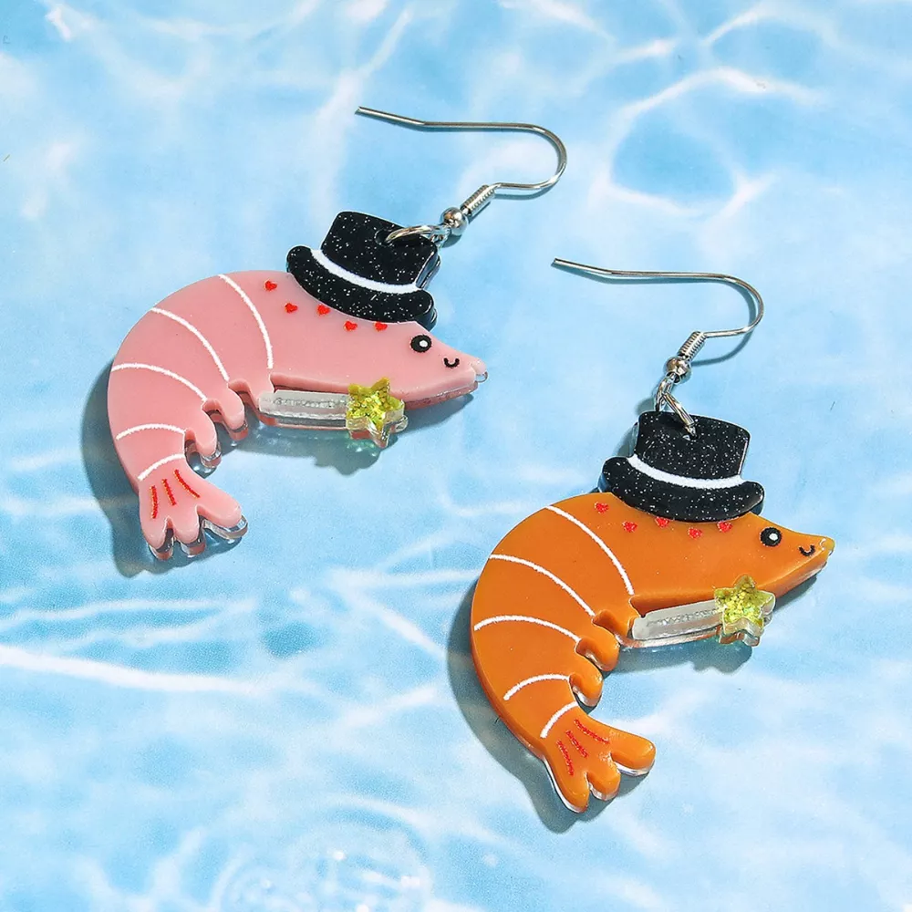 Whimsical Shrimp Earrings with Top Hats, image 2