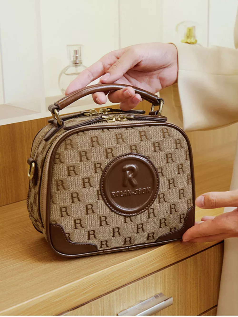 Monogram Pattern Crossbody Handbag with Top Handle, image 7