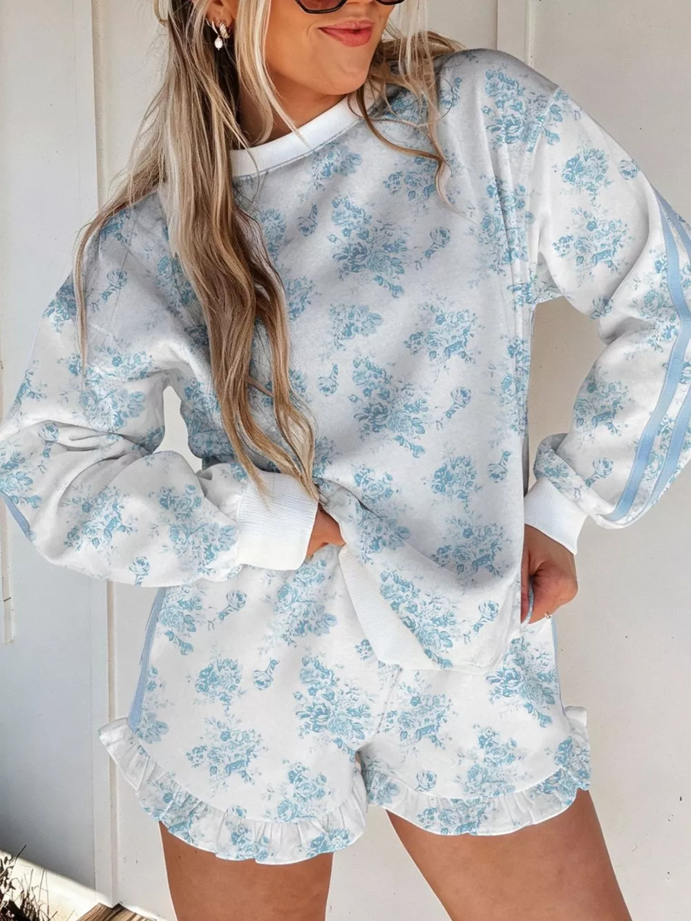 Floral Print Long Sleeve Sweatshirt and Shorts Set