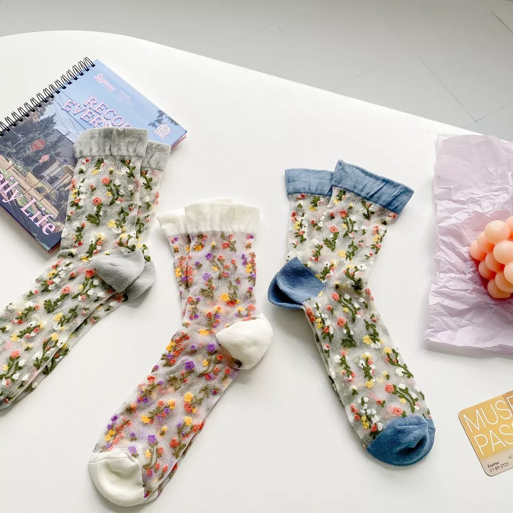 Floral Sheer Crew Socks 5 Pair Set, image 5