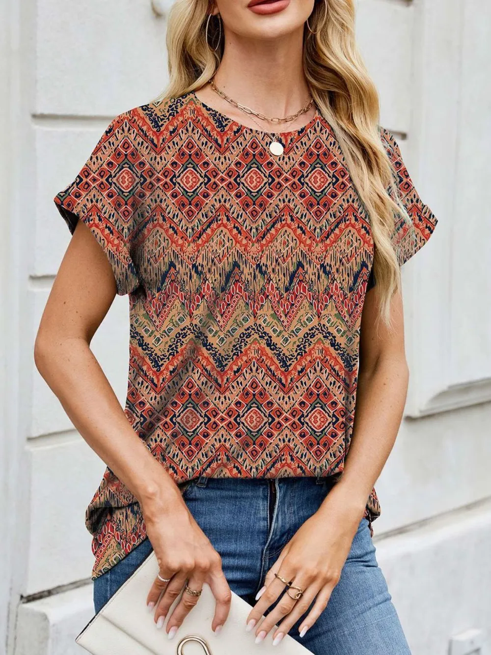 Printed Round Neck Short Sleeve Top, image 33