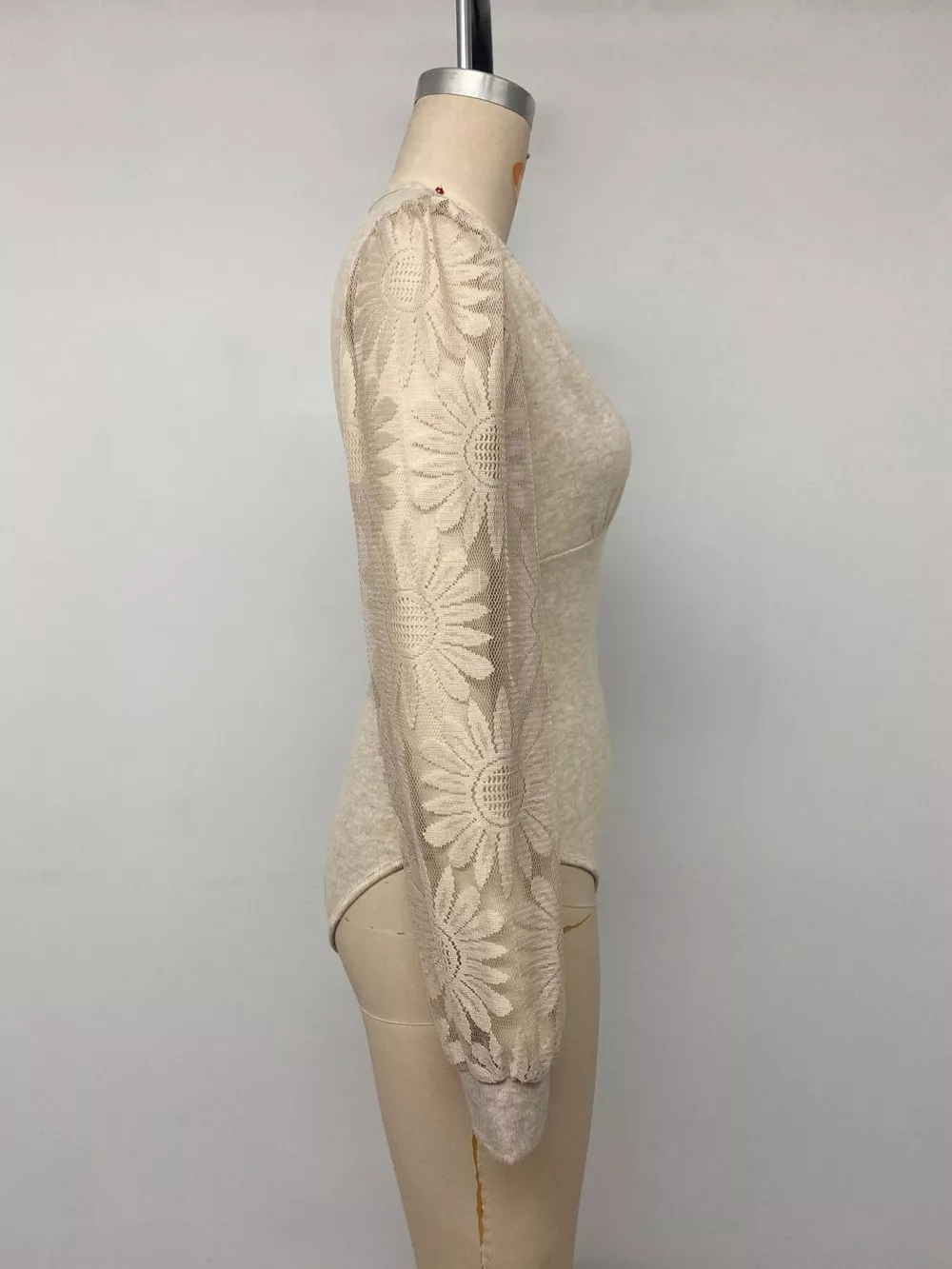 V-Neck Lace Trim Floral Mesh Sleeve Bodysuit, image 11