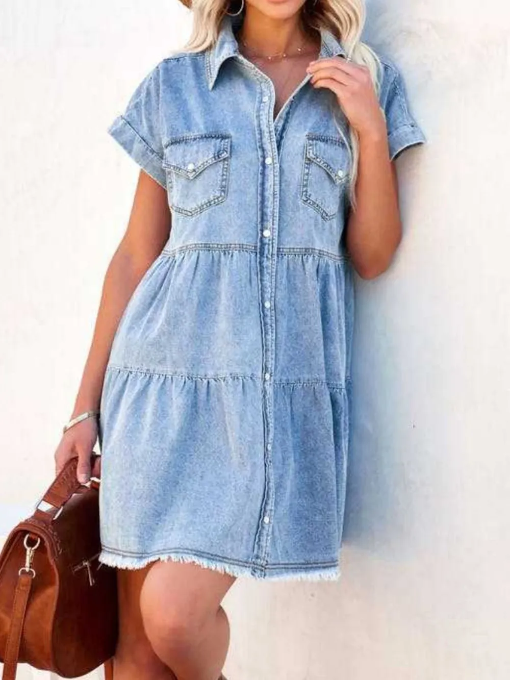 Raw Hem Short Sleeve Denim Dress, image 3