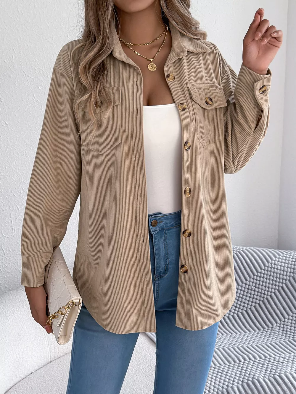 Casual Corduroy Button-Up Shacket, image 5