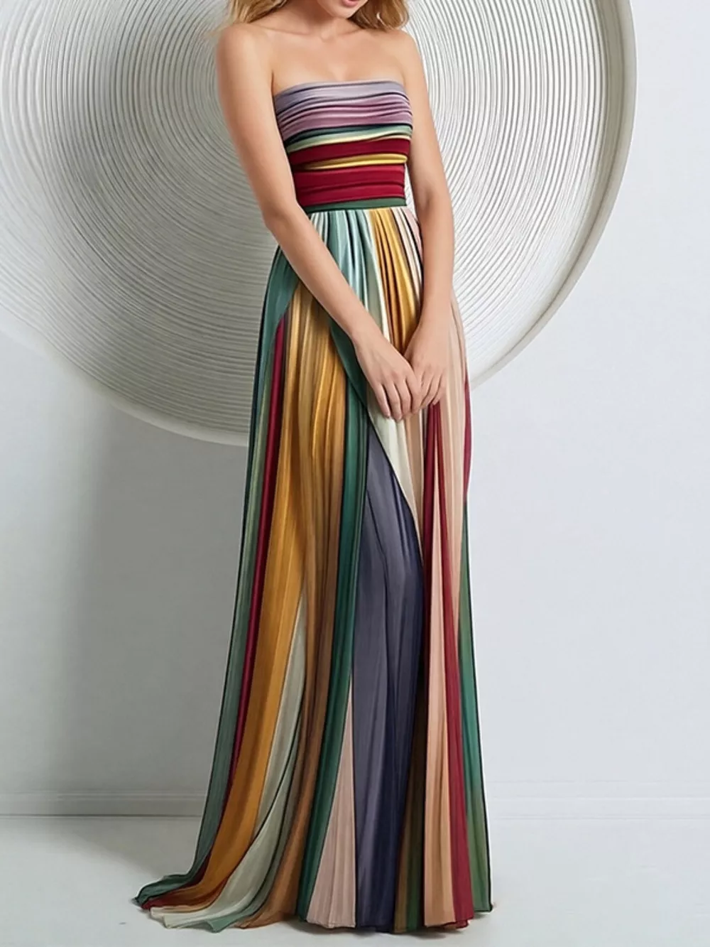 Striped Pleated Tube Maxi Dress, image 2