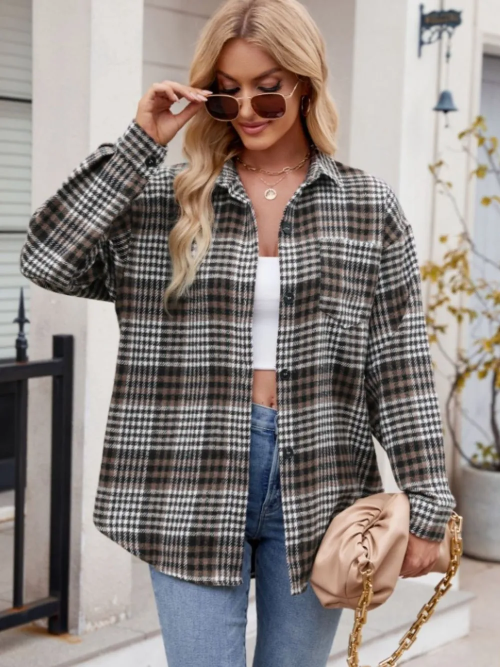 Pocketed Plaid Collared Neck Long Sleeve Shirt, image 18