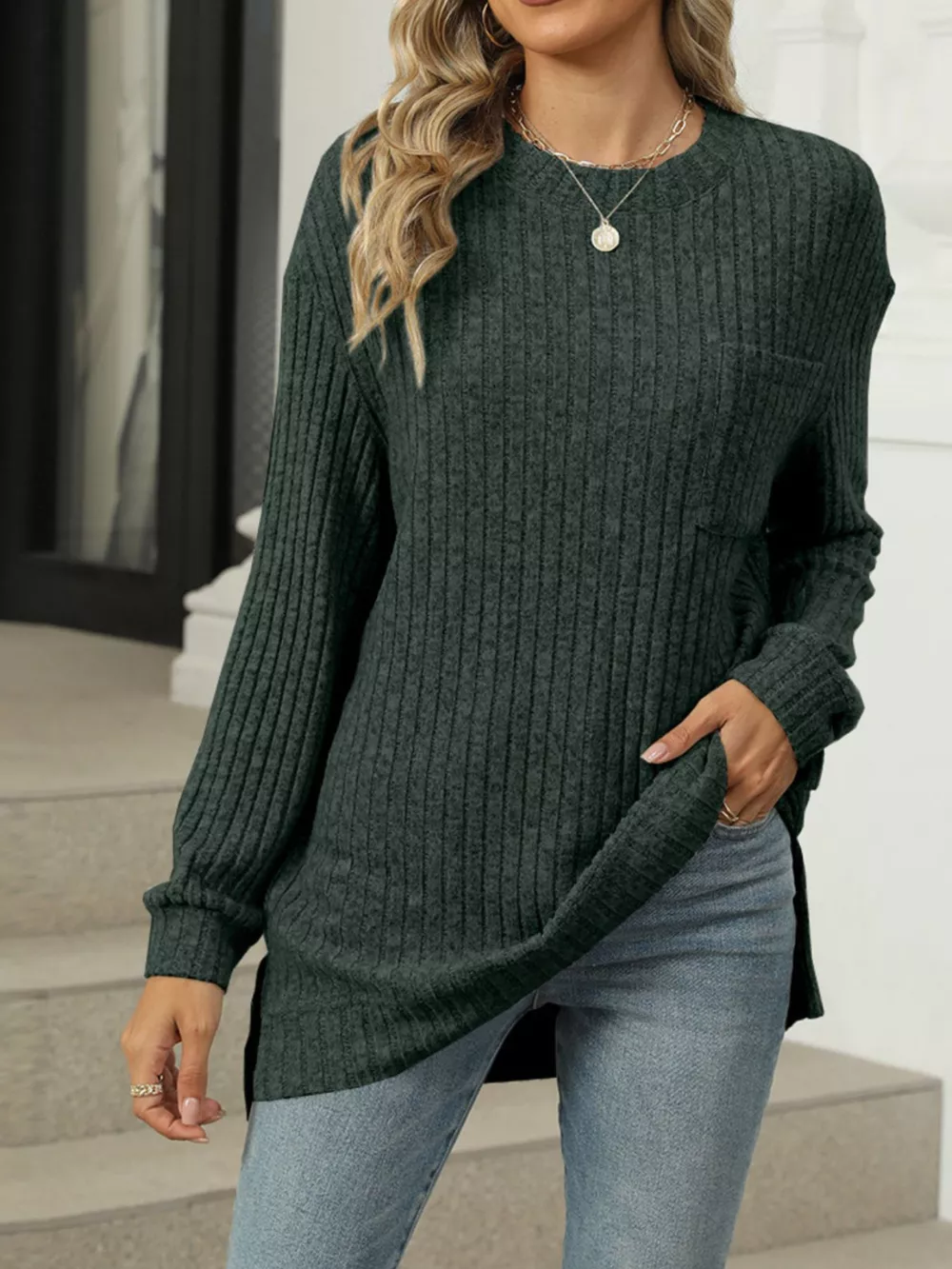 Ribbed Knit Round Neck Sweater, image 26