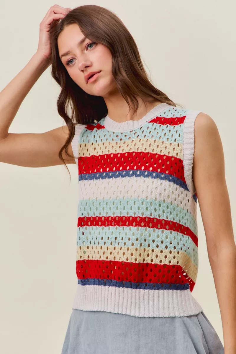 Tie Back Multi Stripe Sweater Knit Tank Top, image 5