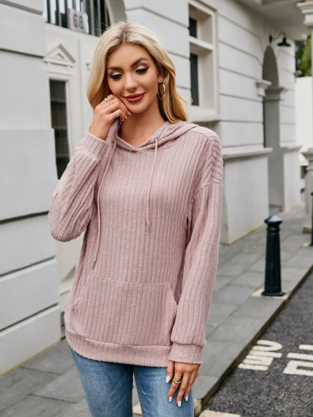 Ribbed Drawstring Long Sleeve Hoodie, image 7