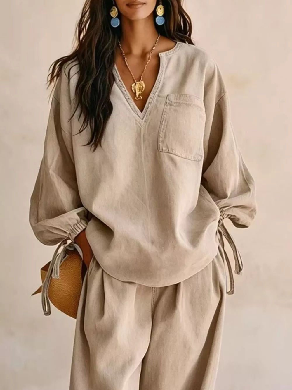 Relaxed Fit Drawstring Sleeve Detail Top and Pants Denim Set, image 8
