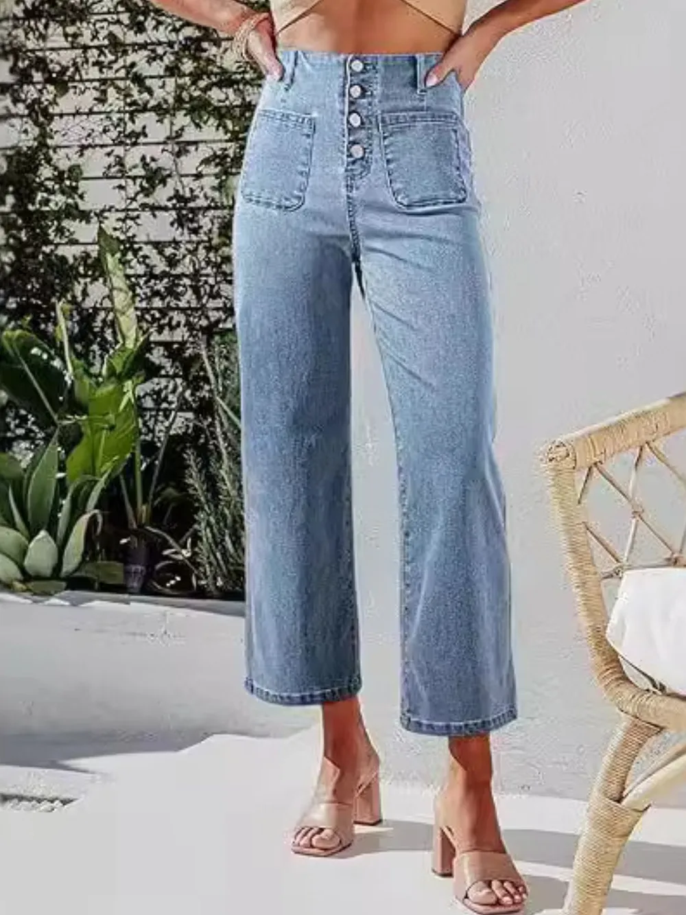 Button Fly Cropped Jeans with Pockets, image 7