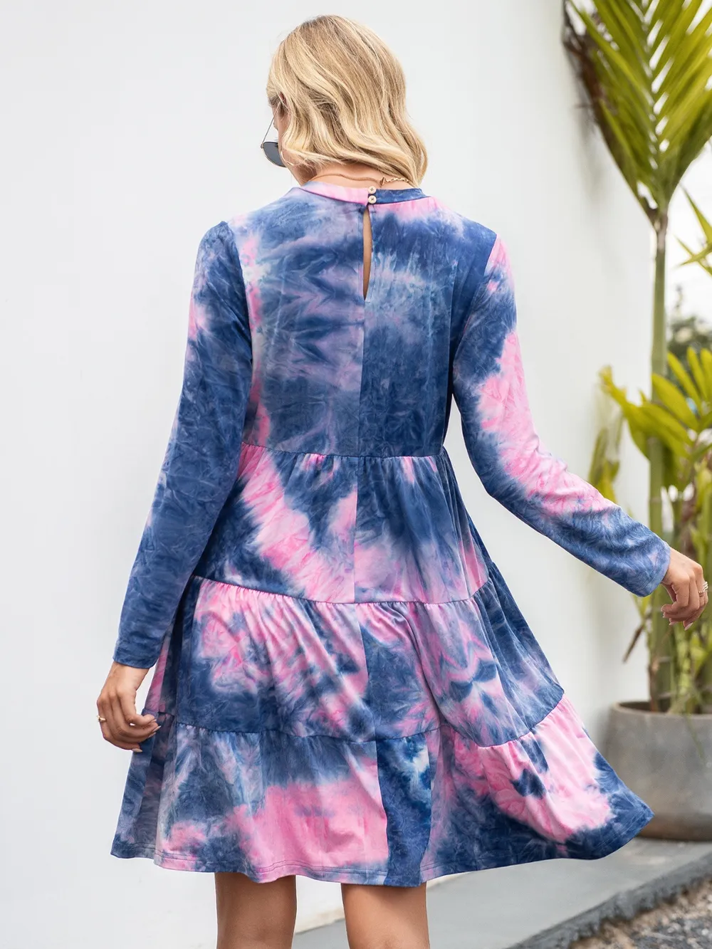 Tie-Dye Round Neck Long Sleeve Tiered Dress, image 3