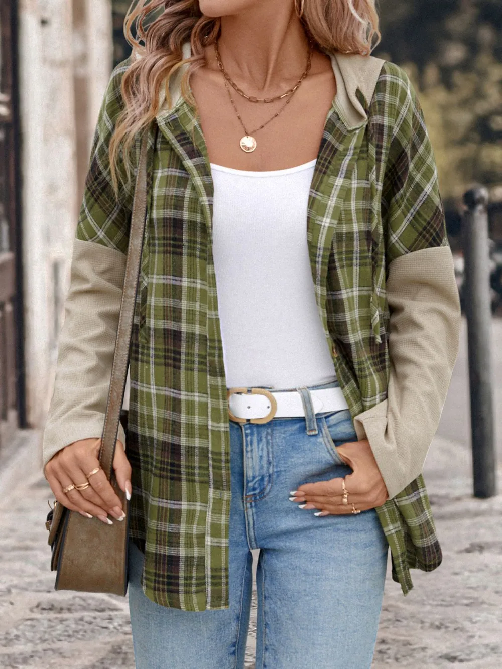Drawstring Plaid Long Sleeve Hooded Shirt, image 2