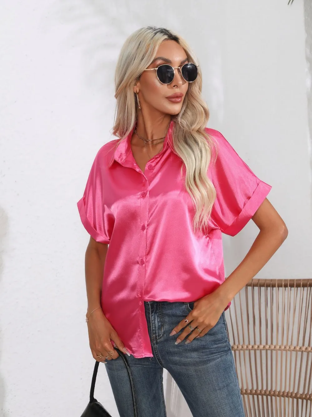 Button Down Collared Neck Short Sleeve Satin Shirt, image 4