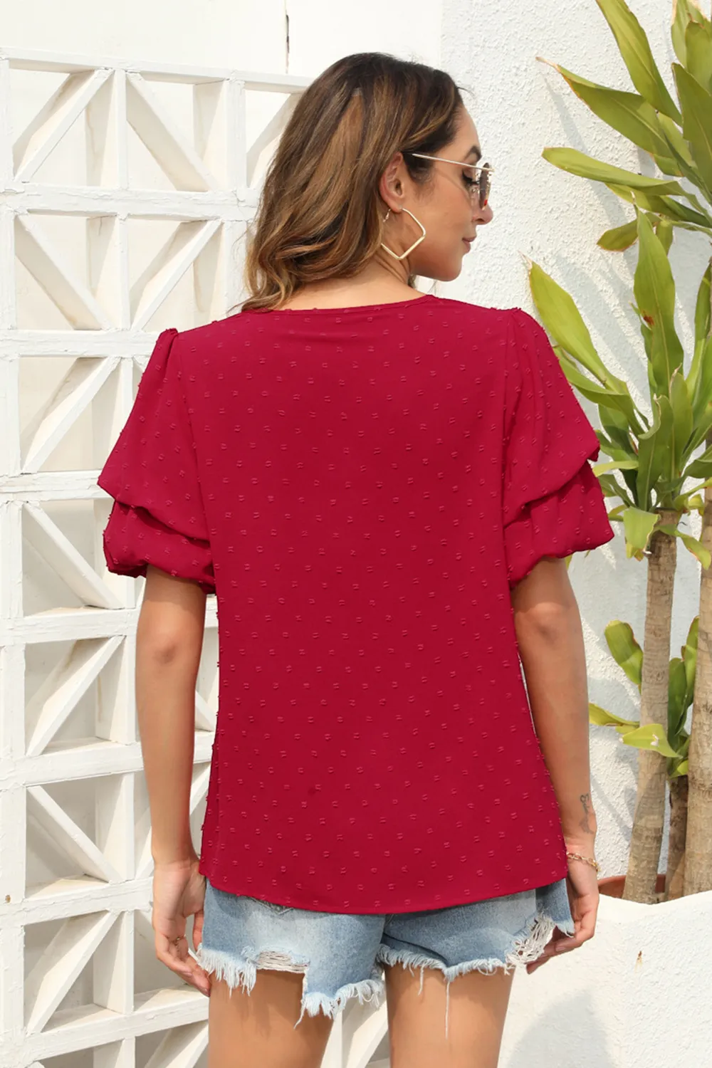 Swiss Dot V-Neck Short Sleeve Blouse, image 6
