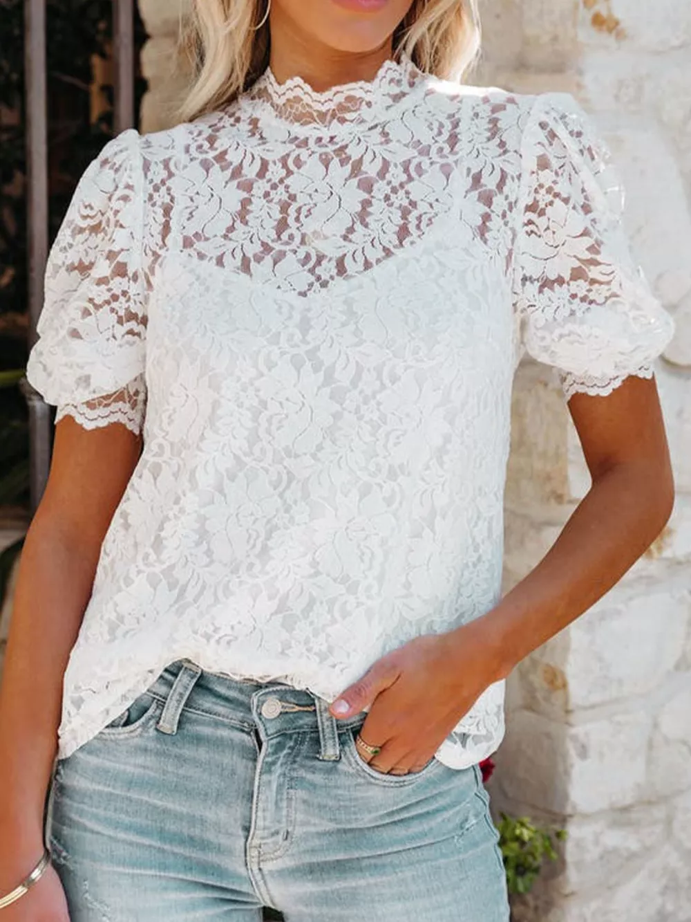 Cami & Lace Short Sleeve Blouse Set, image 4