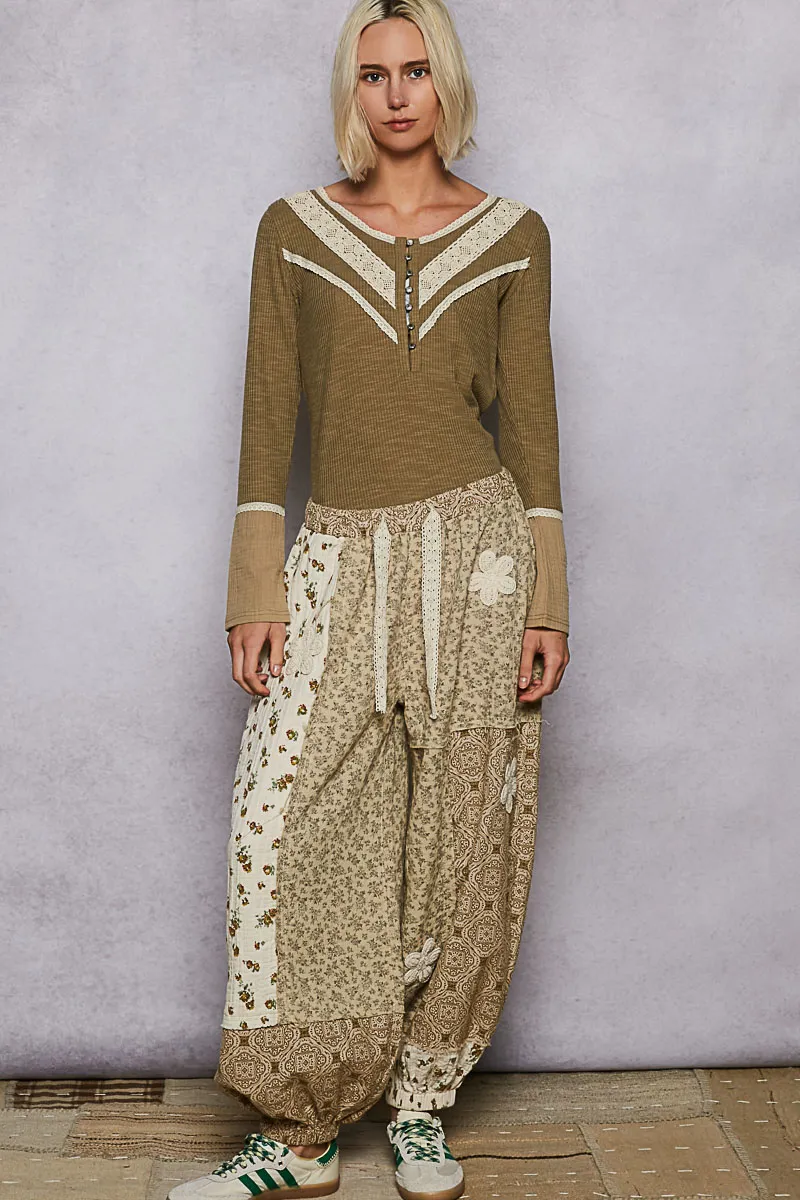 Ribbed Half Button Lace Detail Knit Top, image 5