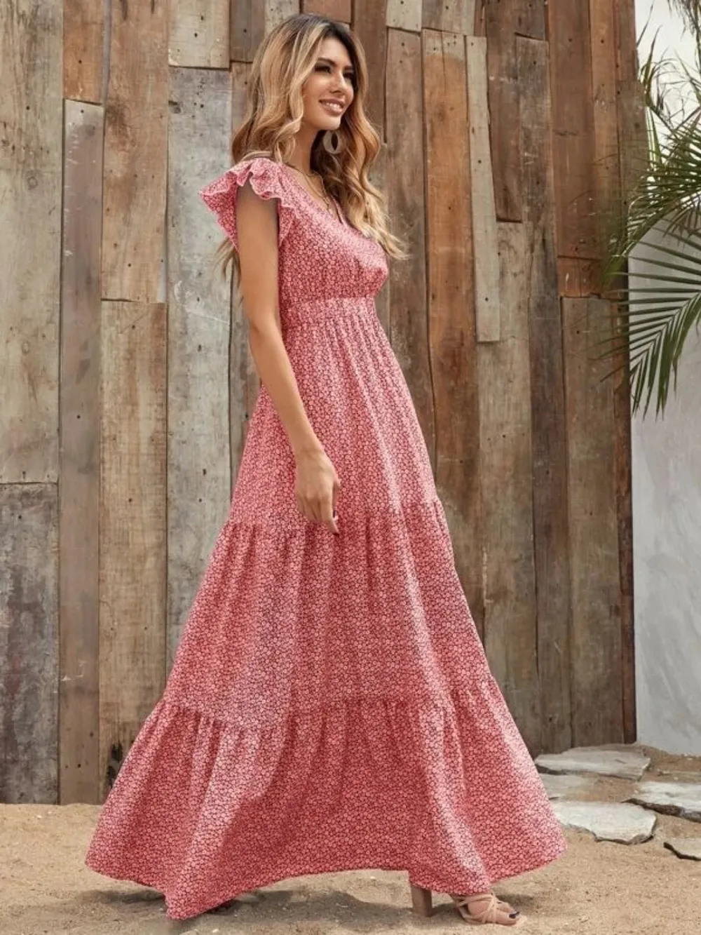 Printed V-Neck Ruffled Cap Sleeve Maxi Dress, image 6
