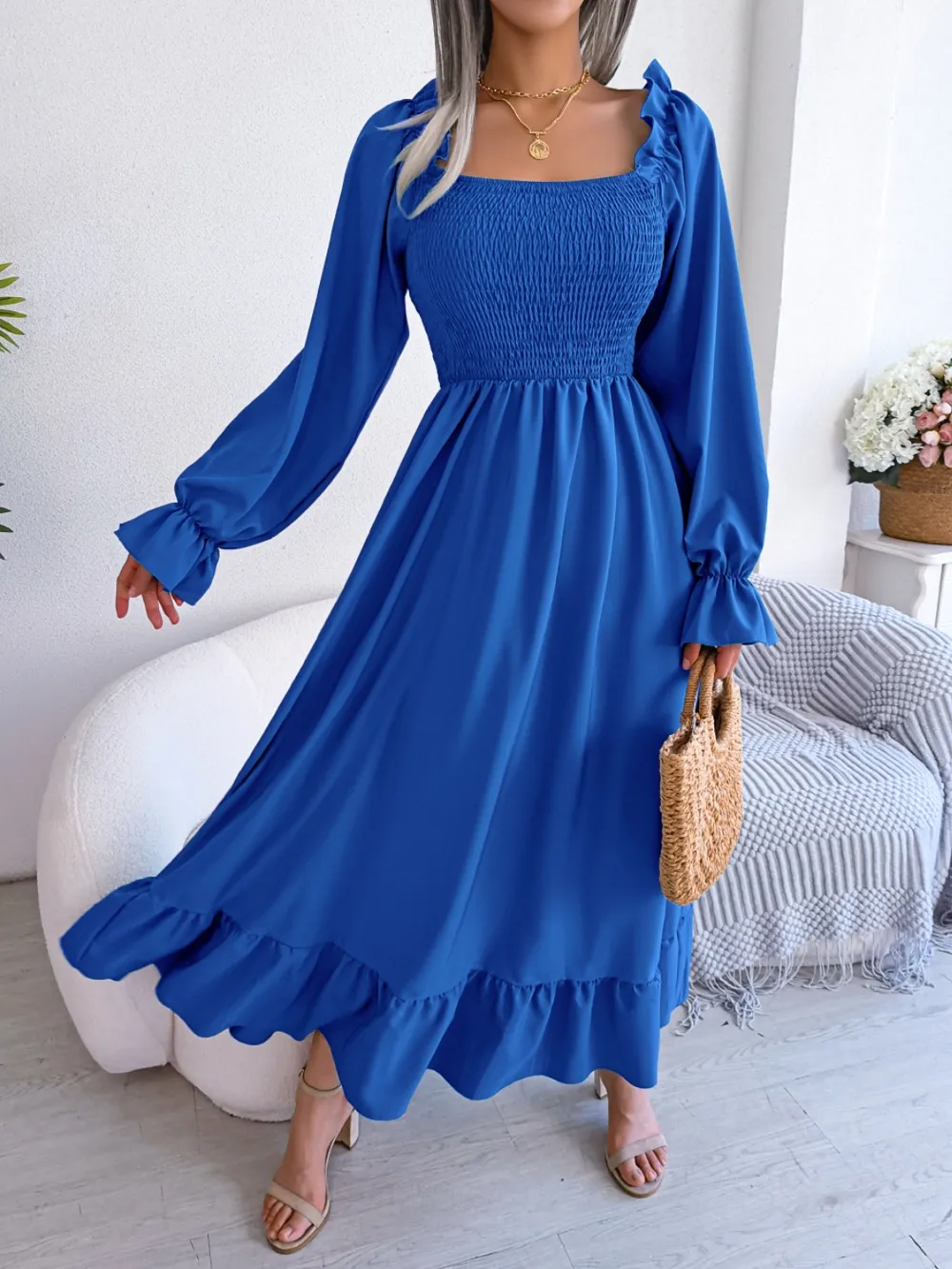 Smocked Square Neck Flounce Sleeve Dress, image 9