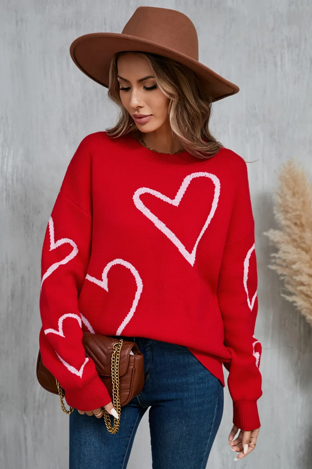 Heart Dropped Shoulder Long Sleeve Sweater, image 2