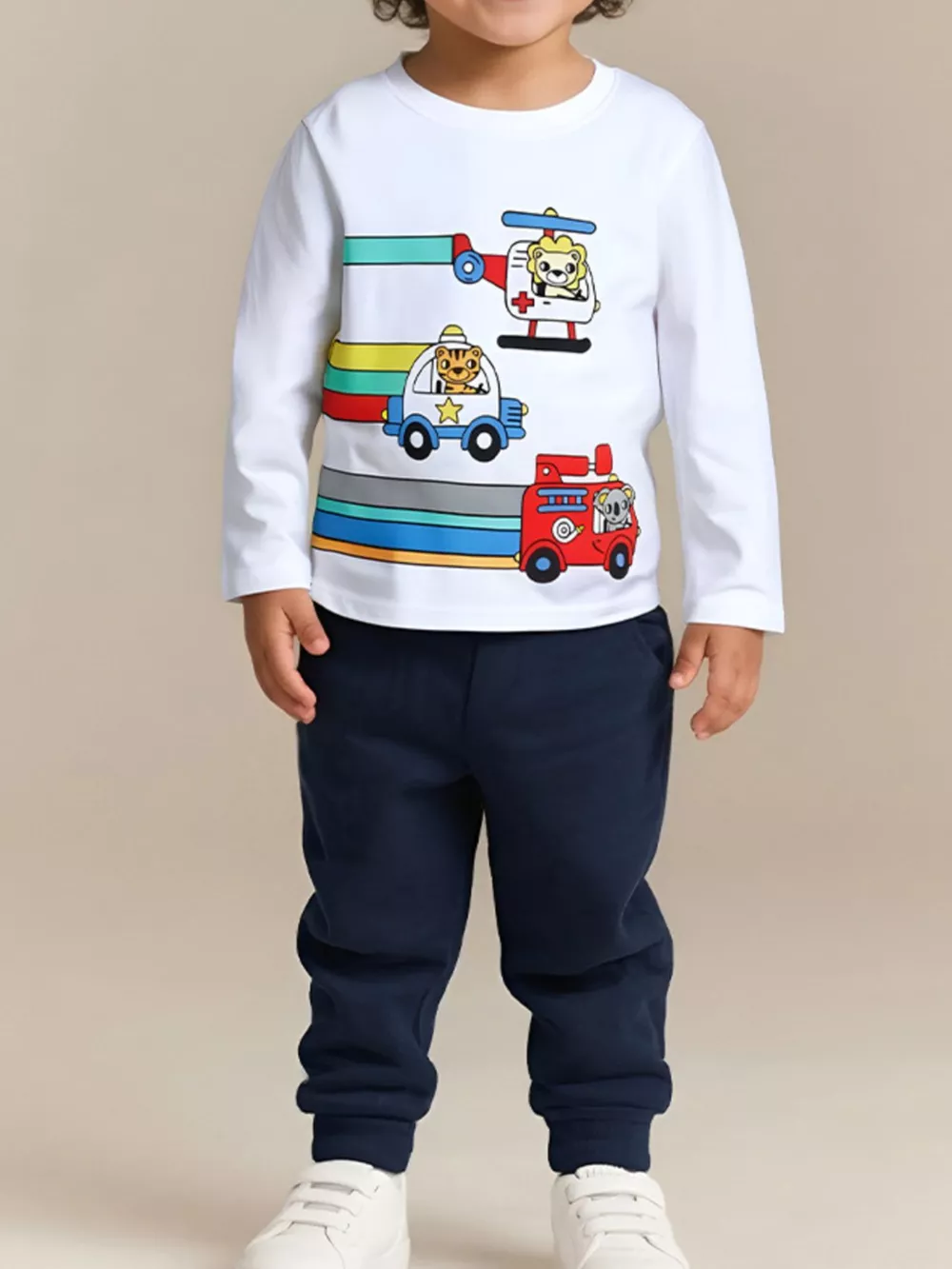 Children's Cartoon Vehicle Print Long Sleeve T-Shirt
