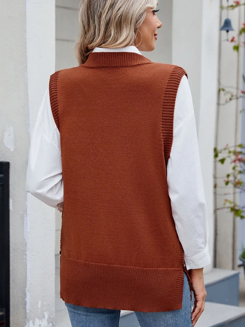 Buttoned Round Neck Sweater Vest, image 13
