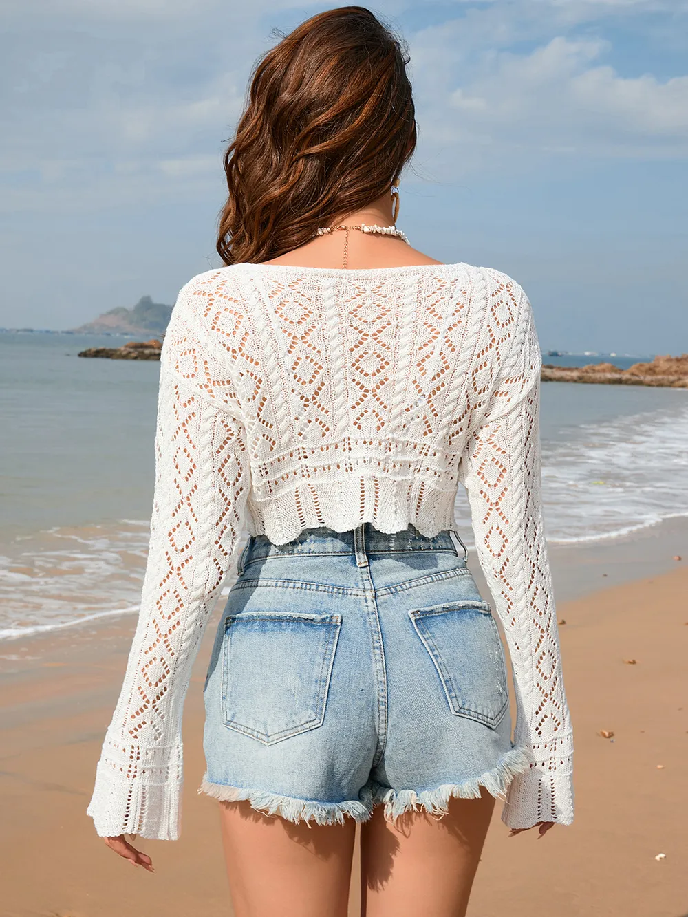 Drawstring Openwork Long Sleeve Cover-Up, image 9