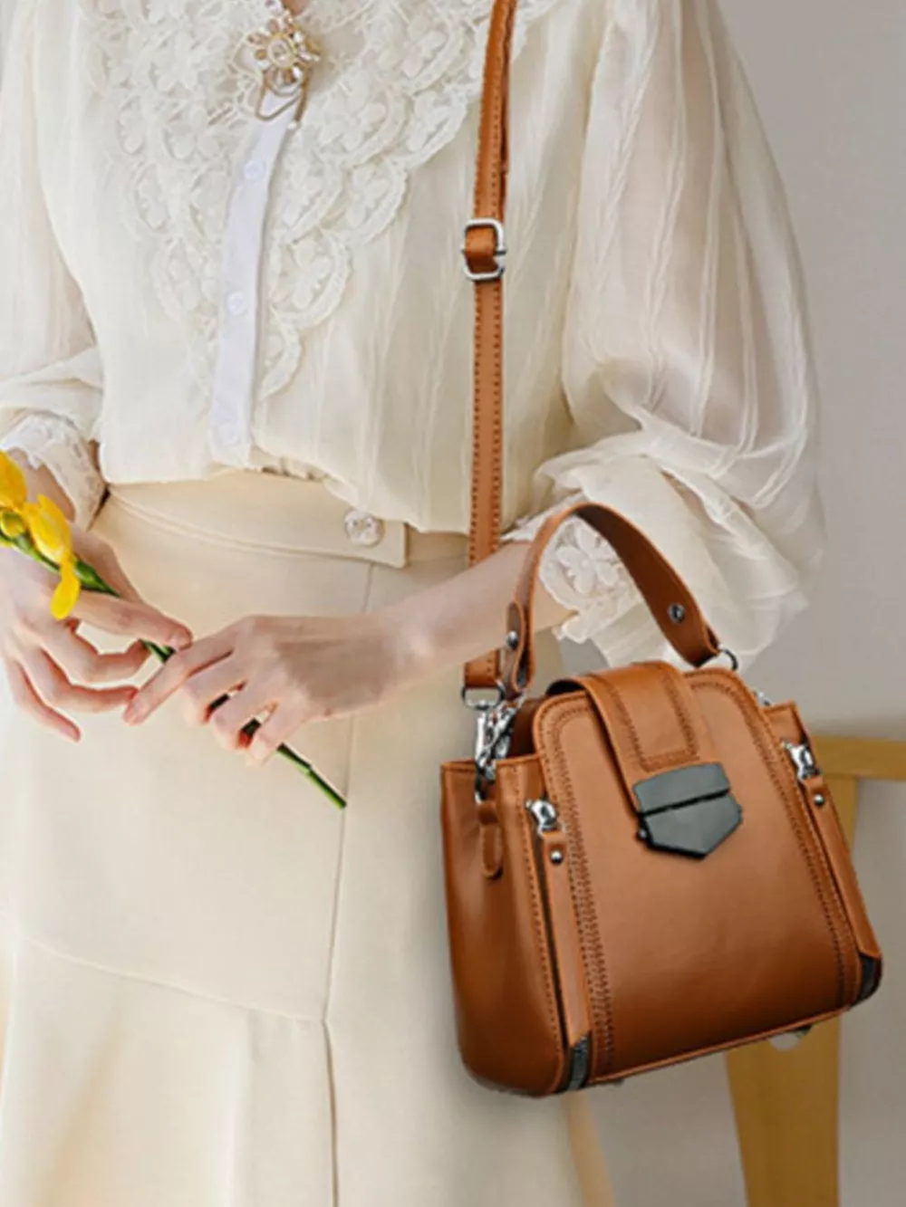 Leather Bucket Crossbody Bag, image 4