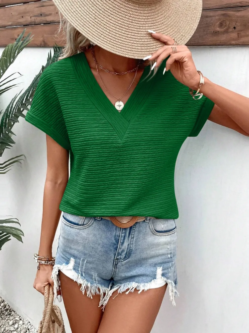 Textured Solid Color Short Sleeve Top, image 14