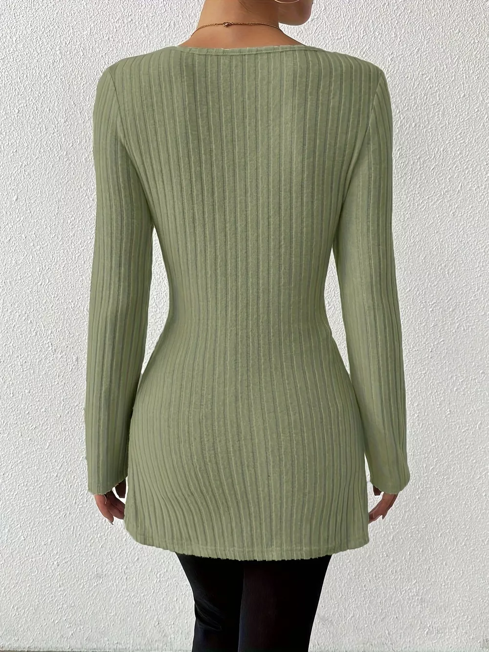 Ribbed Knit Long Sleeve Wrap T-Shirt, image 6