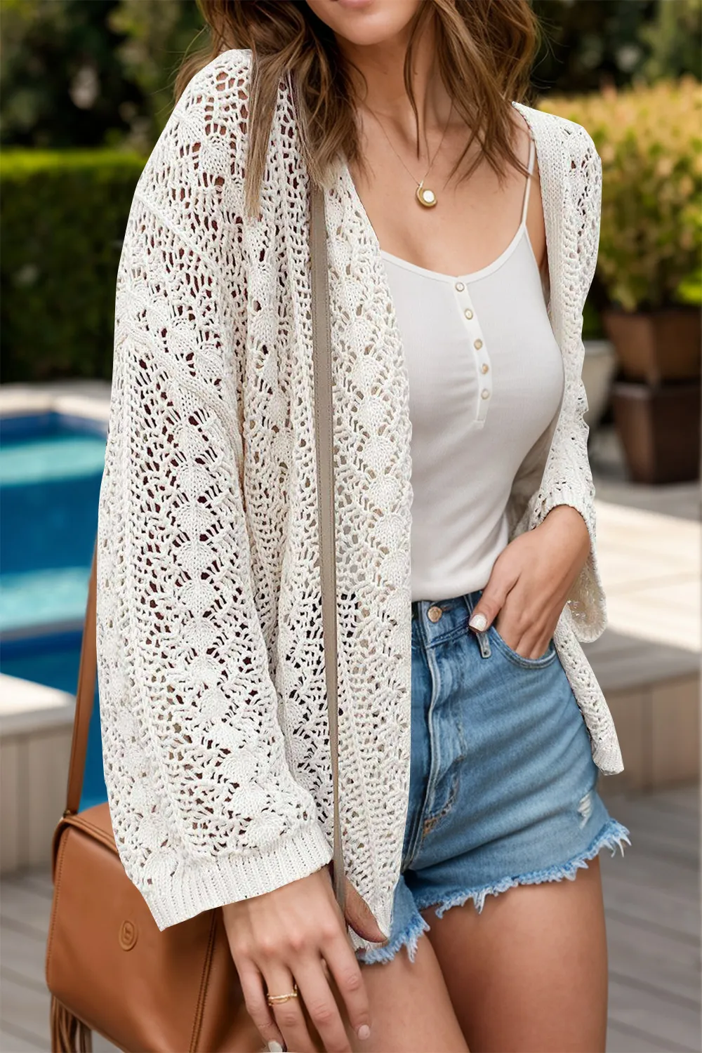 Openwork Open Front Dropped Shoulder Cardigan, image 2