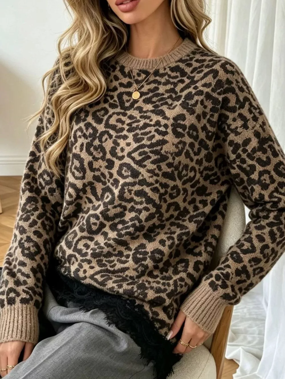 Round Neck Sweater with Asymmetric Lace Hem, image 12